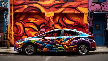 close up graffiti car with city wall full of messy graffiti art illustration, Generative Ai	
