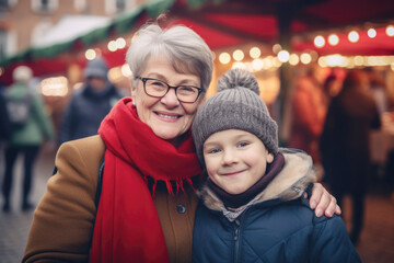 Portrait of a happy smiling grandmother and grandson in winter clothes at Christmas market.

