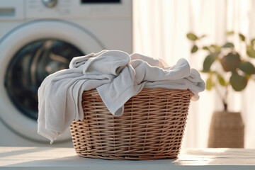 Fototapeta na wymiar Wicker basket with white towels in front of the washing machine in the laundry room. 