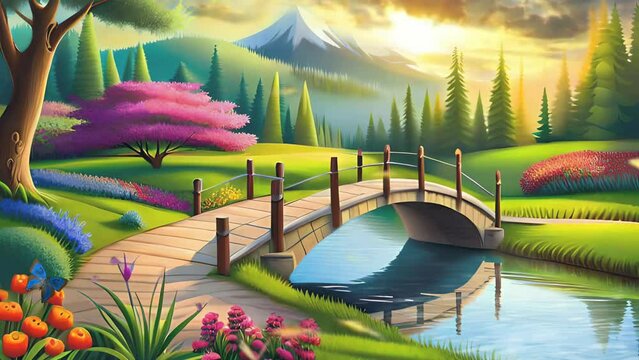 beautiful garden in the summer with Litle bridge and pond, seamless looping video animated background