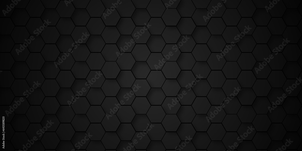 Poster background of abstract black 3d hexagon background design a dark honeycomb grid pattern. abstract oc