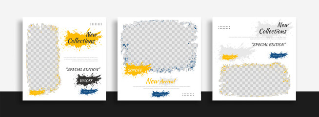 Set of Editable minimal square banner template. Blue yellow white background color with geometric shapes for social media post and web internet ads. Vector illustration
