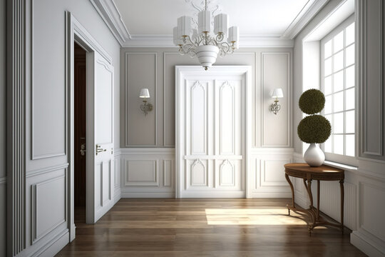 Classic interiors have two rooms, an open entrance and window in the living space, white walls with paneling, and parquet flooring. Generative AI