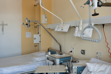 Outpatient treatment in Germany. Rehabilitation room with equipment . Resuscitation chamber in municipal hospital.