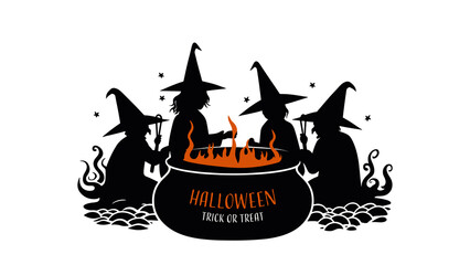 Halloween background with silhouettes of witches and potion. Vector illustration.