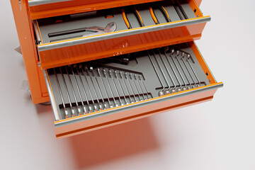 Garage tools organized in metal tool locker. The workshop tools cabinet. Toolbox