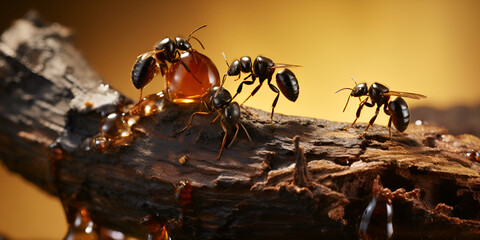 ants on a piece of wood, Ant eating sweet honey stock, Ants are eating honey on the piece of wood, generative Ai