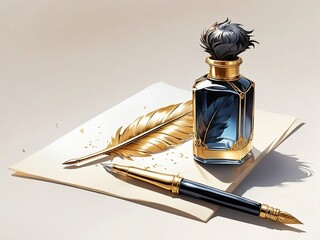 Beautiful gold quill feather  pen and an beautiful-style ink bottle - obrazy, fototapety, plakaty