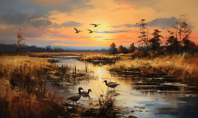Obraz na płótnie Canvas Autumn natural landscape, waterfowl on the lake.