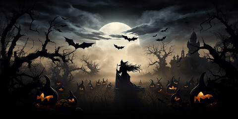 a witching hour backdrop with a full moon, flying bats, and silhouetted witches.  - obrazy, fototapety, plakaty