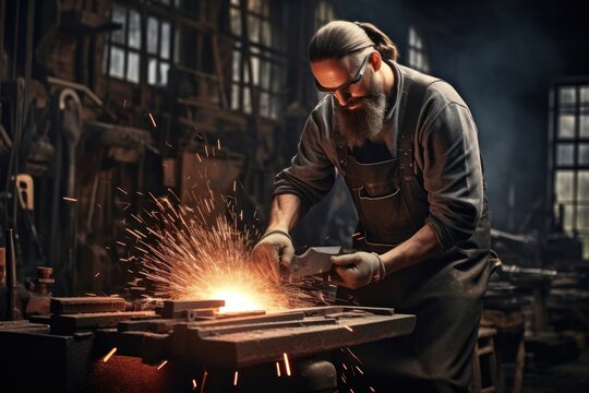 Male blacksmith working in a blacksmith shop.