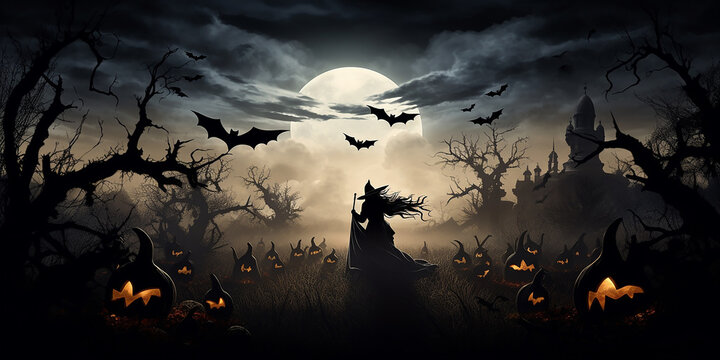 a witching hour backdrop with a full moon, flying bats, and silhouetted witches. 