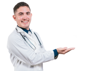 Happy doctor presenting something with his palms. Handsome doctor showing an advertisement with his palms