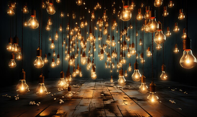 Many switched on electric light bulbs on a dark background.