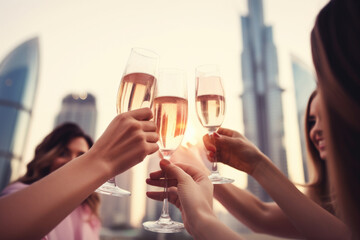 Group of happy rich and stylish woman friends clinking with glasses of wine, celebrating holiday in Dubai with skyline and skyscrapers in the background