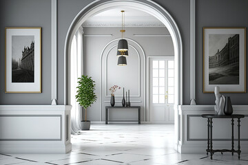 A contemporary classic room with a black-and-white marble floor, an arched entryway, an empty illuminated horizontal poster on the traditional gray wall with moldings, and built-in lighting in front
