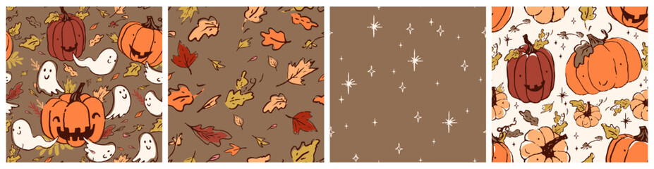 Obraz premium Vector set of Halloween party seamless pattern Cutest pumpkins, cat, funny ghost, autumn leaves.