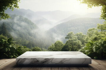 White Marble Podium with Forest and Mountain Background