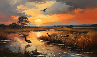 Autumn natural landscape, waterfowl on the lake.