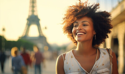 Happy black woman travel in Paris, Cheerful Female near Eiffel Tower, Travel to Europe, Famous...