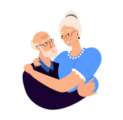 Smiling Pensioners Elder Senior couple.Happy elderly retired man hug his woman.Happy relationships.Old Senior spouse on lomantic date,relationships.Flat vector illustration isolated,white background