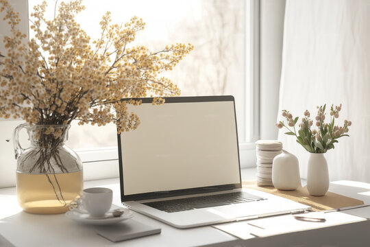 A mockup of a home office with a white screen laptop, blooming branches in a vase on the desk, and a room interior lit by sunset as the background. Freelancing, working remotely, studying online, and