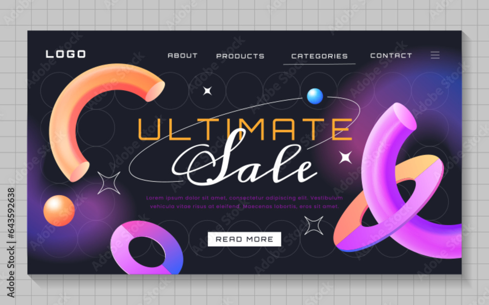Poster modern gradient sale banner with color glowing geometric shapes. trendy landing page template with f