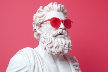 White brutal sculpture of Zeus wearing rose-colored glasses on a pastel pink background. - Powered by Adobe
