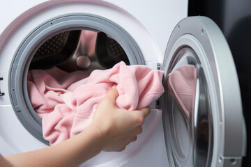Woman putting laundry in the modern washing machine, closeup. Laundry day