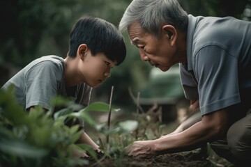 An asian old man grandfather teaching grandchild boy working in the garden. Generative AI