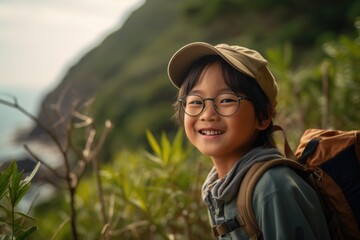 Asian smiling school-age child exploring nature, hiking in the mountains. Scenic outdoor setting. Child's sense of adventure and appreciation for the environment. Generative AI