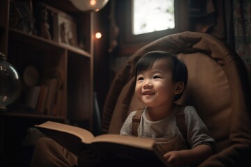 Asian smiling preschooler sitting on a cozy reading chair, immersed in a storybook in a quiet and comfortable reading nook. Child's love for reading and imagination. Generative AI