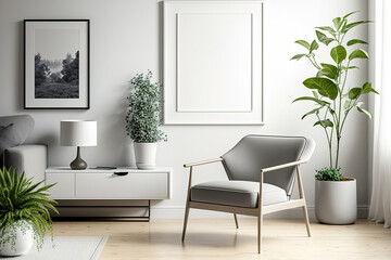 Fototapeta premium A horizontal picture frame decorates a modern living room with a gray chair, console, and green plant. Pleasant Scandinavian interior background. Bright living room mockup. Generative AI