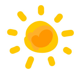 Sun icon in doodle painted style. Childish drawing of sun.