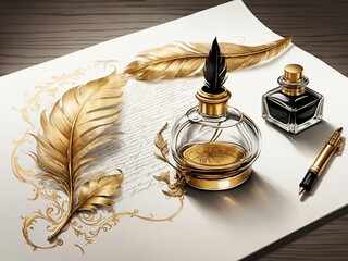 Beautiful gold quill feather  pen and an beautiful-style ink bottle