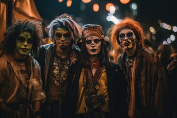 A group of friends wearing elaborate and unique costumes, posing together at a Halloween party.The fun and social aspect of Halloween celebrations. Generative AI.