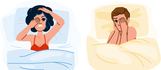 bed sleep disorder vector. awake night, anxiety woman, stress sad bed sleep disorder character. people flat cartoon illustration