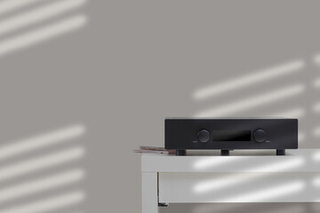 Powerful modern sound amplifier copy space. The receiver is black in isolation with space for text....