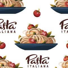 Seamless pattern with Plate of Italian pasta. Italian cuisine, healthy food, cooking, restaurant menu, eating, recipes concept. Vector illustration for, poster, menu, website, banner.