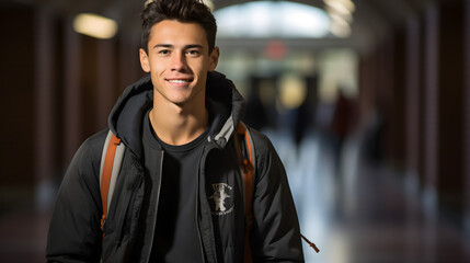Young Smiling Student Standing Proudly in Well-Lit University Hall Symbolizing Academic Success.