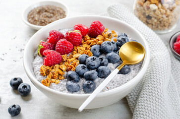 Healthy Chia Pudding Bowl with Granola and Fresh Berries
