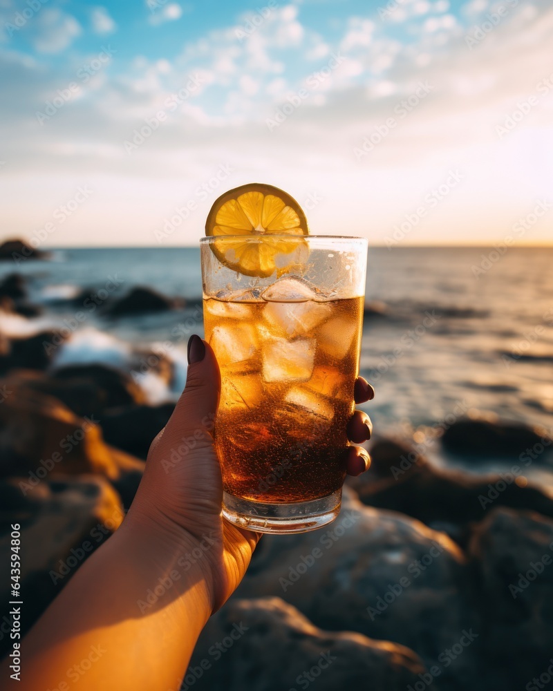 Poster hand with a cocktail and a slice of orange against the background of the sea.