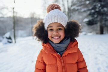 Fototapeta premium Portrait of happy positive girl, African American young girl with hat is smiling at winter snowy park in snow at cold frosty day in warm clothes.