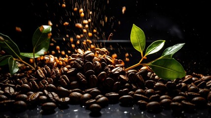 Flying coffee beans background. poster of brown coffee beans close up. Close up coffee grain background