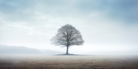 A lone tree in a field on a foggy day