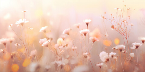 August summer haze in herbs and flowers in bokeh style, pastel colors