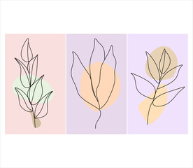 Abstract Wall Art Prints Set with Linear Leaves and Organic Shapes. Trendy Minimalistic Poster Set with Line Art Drawing and Organic Shapes. Botanical Boho Print for Wall Decor 