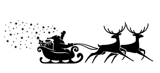 Silhouette of Santa Claus riding in a sleigh with a Christmas tree and gifts pulled by reindeer and scatters holiday stars. Vector on transparent background © Kiselov