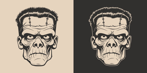 Vintage retro Halloween zombie dead frankenstein character face portrait. spooky scary horror element. Monochrome Graphic Art. Vector. Hand drawn element engraving