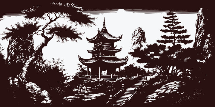 VIntage retro engraving style Chinese Japan Korean Asian temple tower with trees nature wild landscape. Background outdoor adventure vibe. Graphic Art Vector